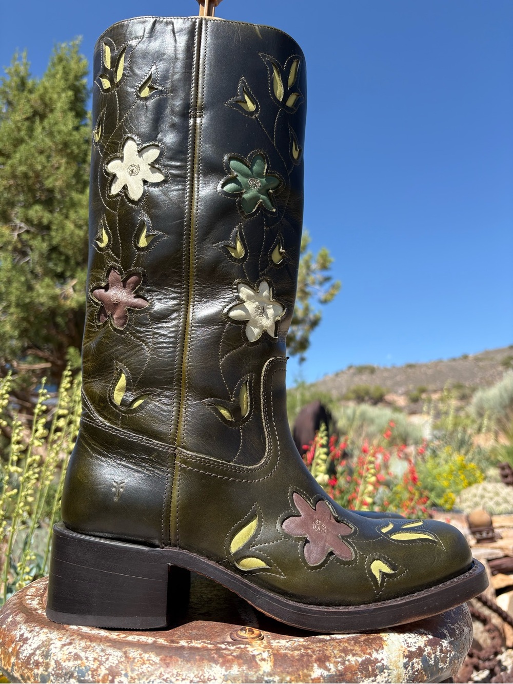 NWOT FRYE x Anthropologie Campus 14L Green Floral Cutout Boots - Picture 3 of 16